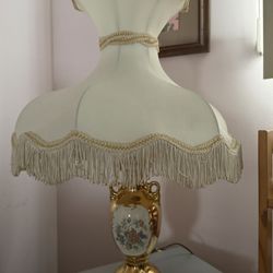 Vintage Hollywood Regency Gilt Floral Lamp & Original Fringe Shade