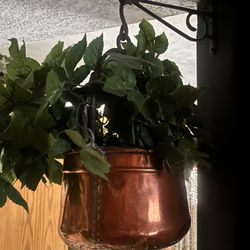 Three Brass Pots With Fake Plants