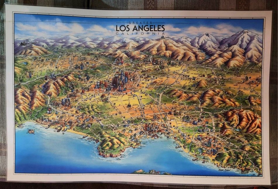 VINTAGE LAMINATED PANORAMIC ILLUSTRATED MAP LOS ANGELES CALIFORNIA