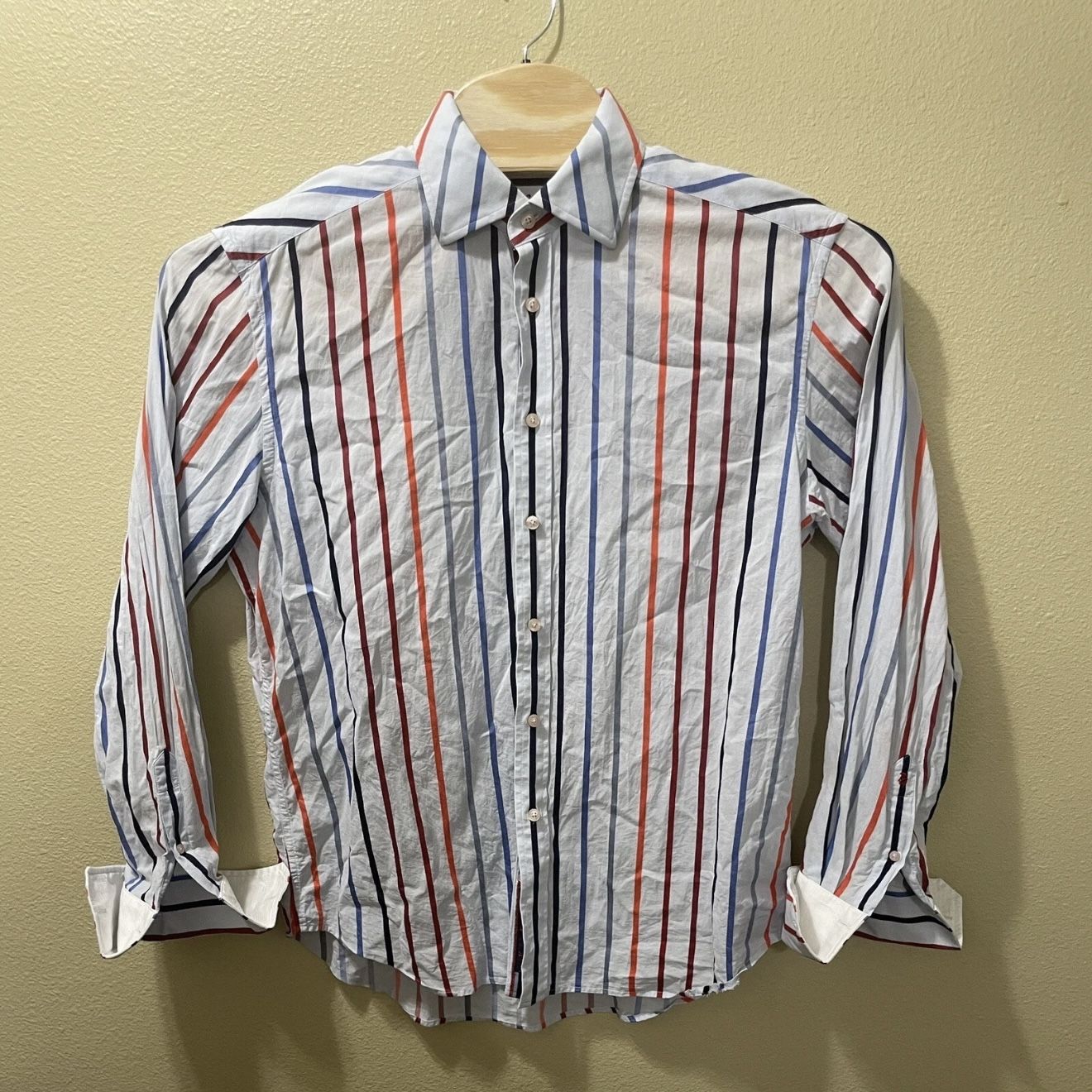 Men’s XL Robert Graham Blue Red Orange Striped Button Up Long Sleeve Dress Shirt