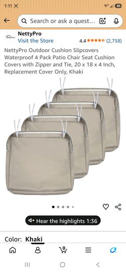 NEW IN BOX - Outdoor Cushion Slipcovers Waterproof 4 Pack Patio Chair Seat Cushion Covers with Zipper and Tie, 20 x 18 x 4 Inch, Replacement Cover Onl