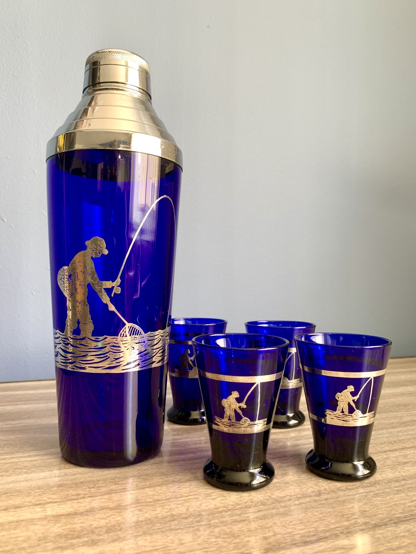 Vintage Cobalt Blue Glass Shaker & 4 Shot Glass