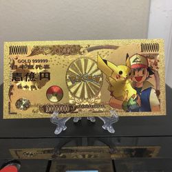 24k Gold Plated Pokemon Trainer Ash Ketchum and Pikachu Banknote