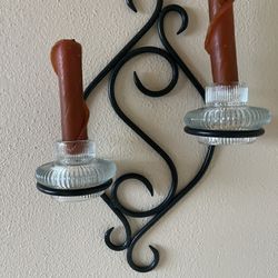 LIKE NEW Black Wrought Iron Double Taper Glass Insert Wall Sconce