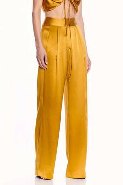 Satin High-Waist Wide-Leg Pants in Gold Mustard
