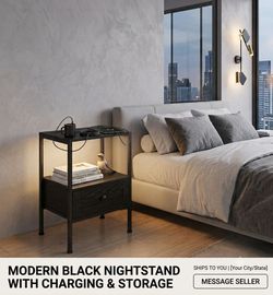 Modern Black Nightstand with Charging and Drawer