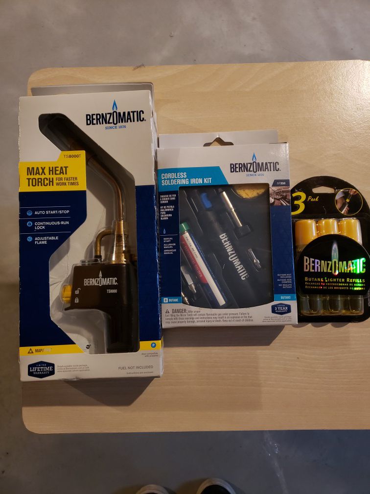 Bernzomatic Torch, soldering iron kit, and butane lighter refils