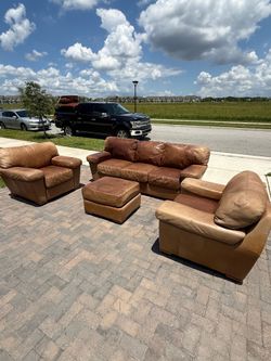 Leather Couch and Chairs with Ottoman