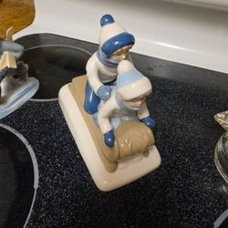 Porcelain Figurine,  Girls  On Sled, Porcelana de Cuernavaca Mexico 1992