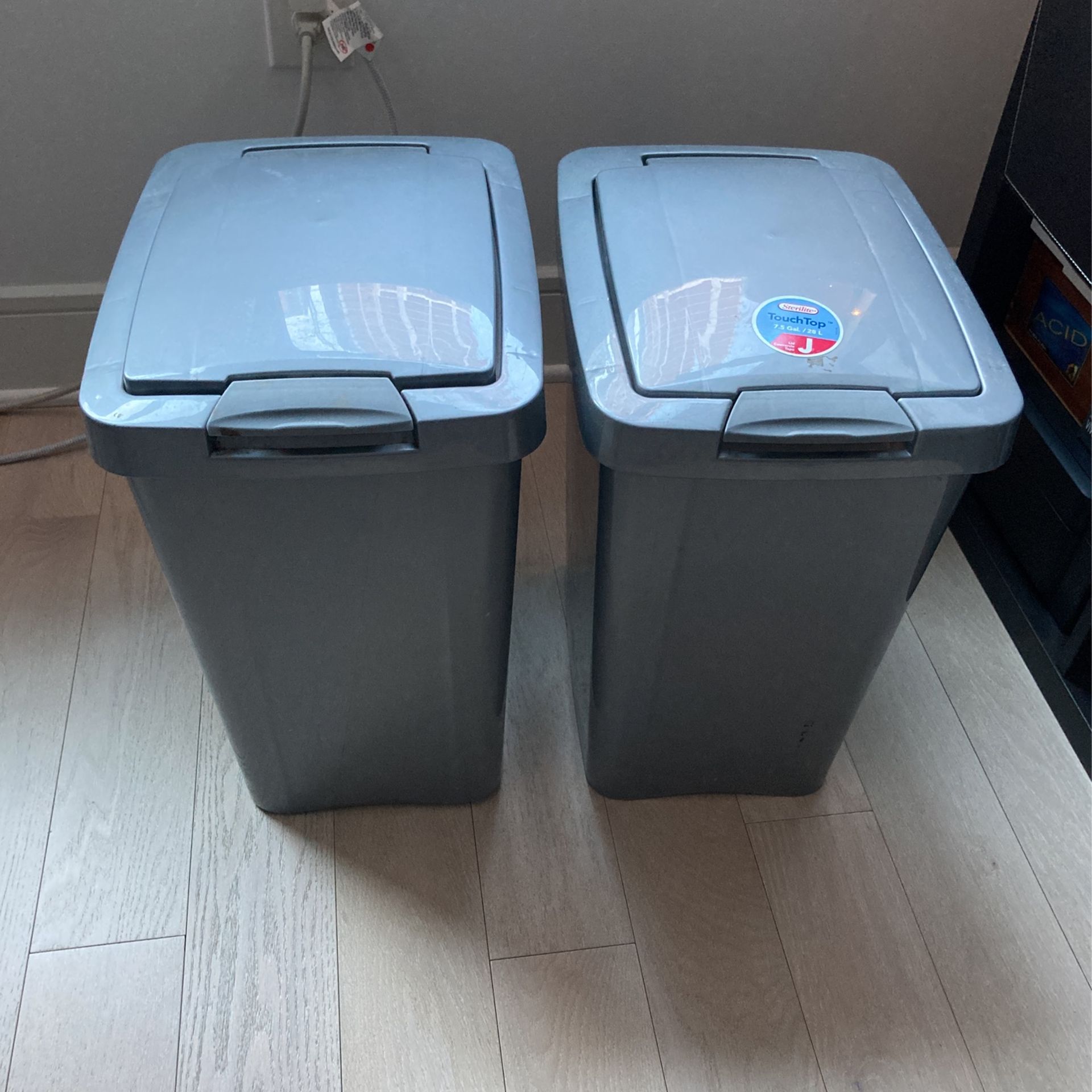 2 Grey Sterilite TouchTop Trash Bins