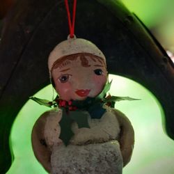 (RARE) 3 Penny Mcallister 2004 Paper Mache Girl with Muff Hanging Christmas Figurine
