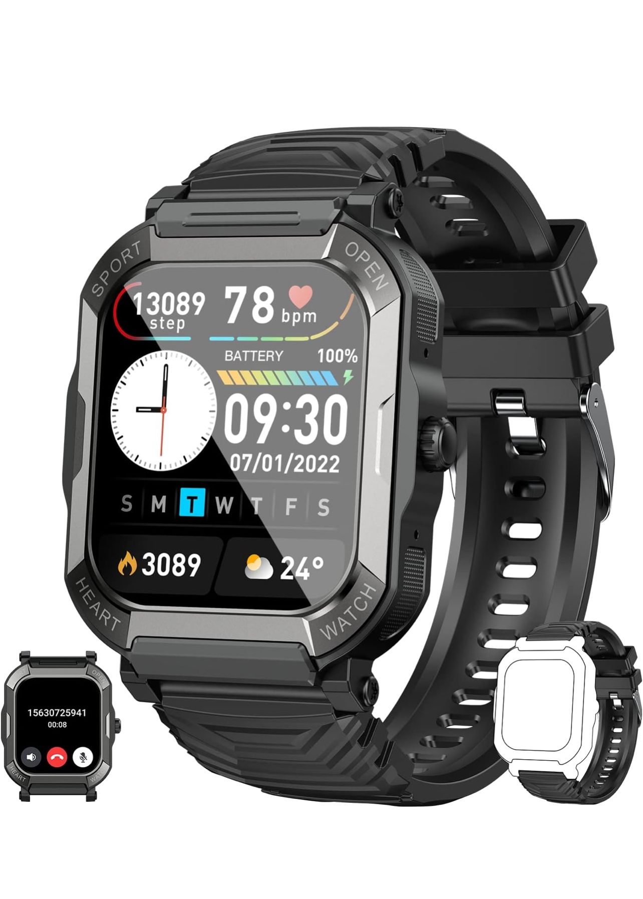 Smart Watch for Men Fitness Tracker: (Make/Answer Call) Bluetooth Military Smartwatch for Android Phones iPhone Waterproof Outdoor Tactical Digital Sp