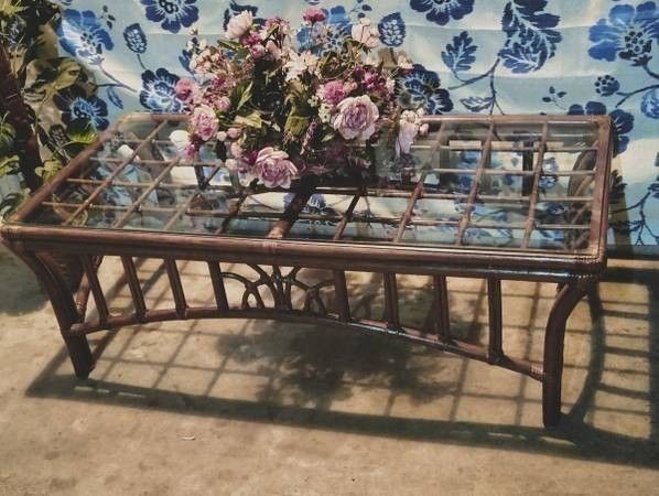 Vintage Boho Rattan Glass Top Coffee Table