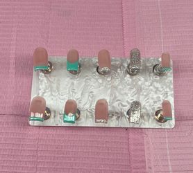 Short square press on nails bright teal green glitter nude