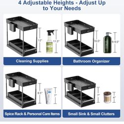 Height Adjustable Under Sink Organizer,2 Pack Black Under Bathroom Cabinet Storage with Hooks Hanging Cup,2 Tier Sturdy Large Capacity Pull Out Drawer