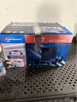 Black Paramax P-7 HD Sound 6-piece surround speaker system and Yamaha sound bar
