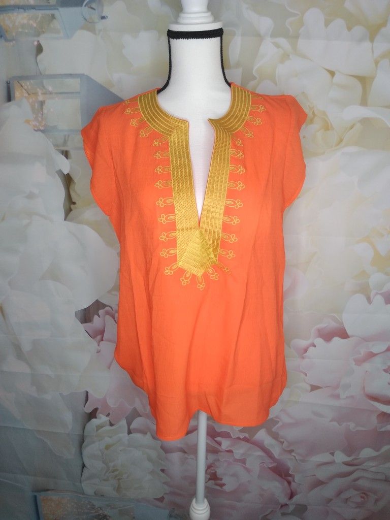 NWOT Orange With Gold Embroidery Boho Chic Blouse Size M