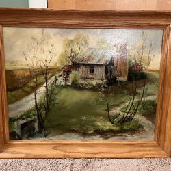 Framed Oil Painting of Rustic Country Barn Setting 22” x 28”