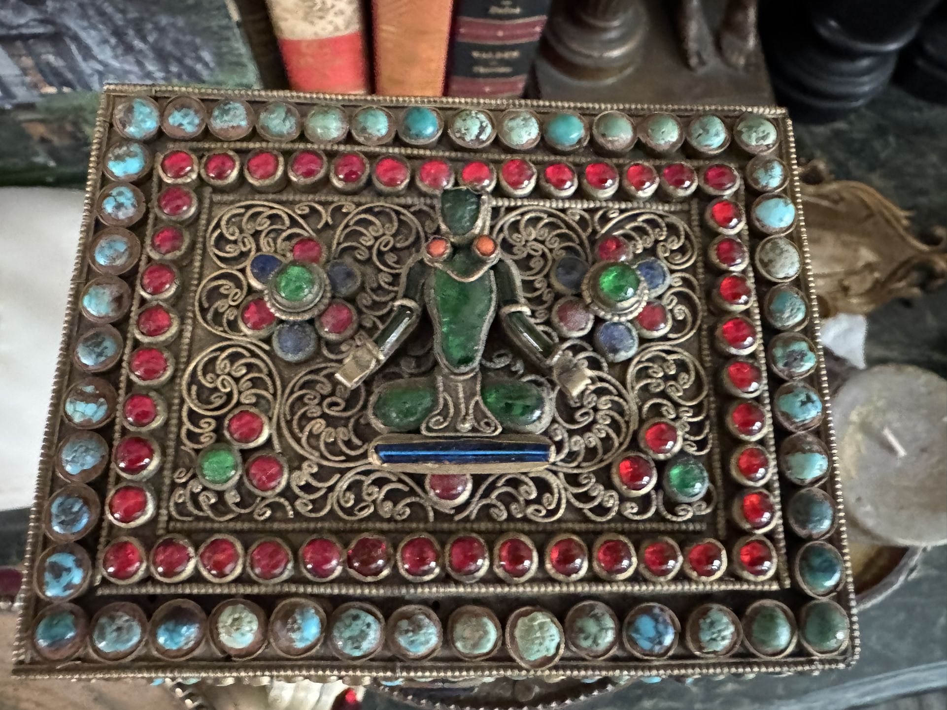 Tibetan Jeweled Stone Inlaid Inset Box Collectible Very Rare