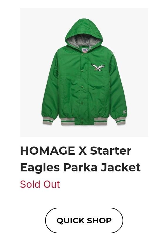 Homage X Eagles Starter Parka Jacket Sz Medium.