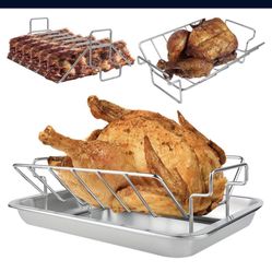  KEESHA Turkey Roasting Rack, 304 Stainless Steel V Rack for Roasting Turkey and Rib 13''x11'' Multi-use BBQ Rib Rack 