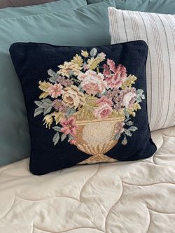 Vintage Floral Needlepoint Throw Pillow