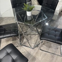 Modern metal and leather glass table set