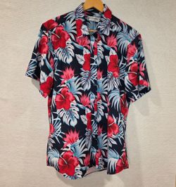 J & Dhuasha Men Hawaiian Blue Red White Floral Collared ShortSleeve Shirt Medium