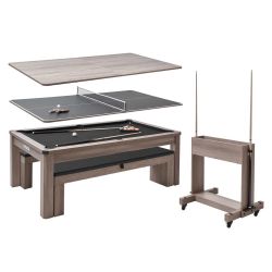 VEVOR 7ft Pool Table Combo Set, 3-in-1 Multi Game Billiards Tables with Dining Top and Ping Pong, 2 Benches for Storage and Accessories, Includes Ball