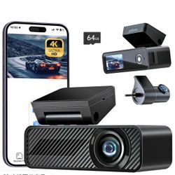 Dash Cam Front and Rear, 64GB SD Card, 4K+1080P Car DVR, Wi-Fi & App Control, 1.5’’IPS Display