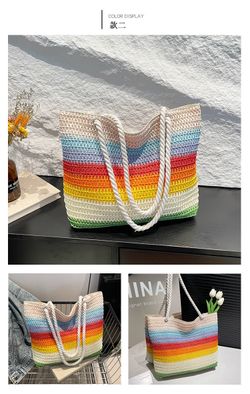Rainbow Stripe Straw Tote Bag
