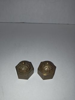 Vintage Patina Brass Acorn Hex Cap Nuts Set Of 2 With Intricate Carved Tops