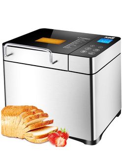 New Pro Stainless Steel Bread Machine, 2LB 17-in-1 Programmable XL Bread Maker with Fruit Nut Dispenser, Nonstick Ceramic Pan& Digital Touch Panel, 3