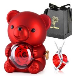 Teddy Bear with Preserved Rose,Eternal Flowers Rotating Rose Box with Necklace