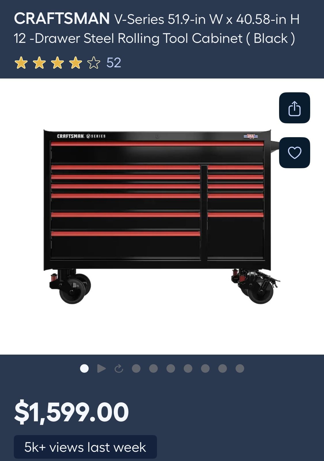 CRAFTSMAN Drawer Steel Rolling Tool Cabinet (Black)