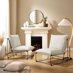 Mid Century Modern Linen Fabric Accent Chair, OffWhite (Set of 2)