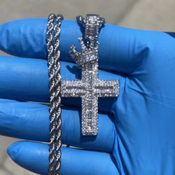Cubic Zirconia Crown Cross Silver Rope Chain 