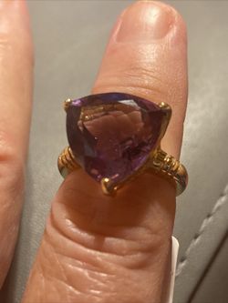 14k Heavy Large Amethyst Trillion Stone Ring Sizable 6  
