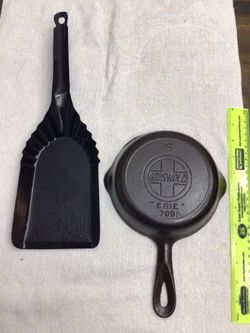 Restored Vintage Griswold #3 “Erie” 6.5” Cast Iron Skillet 709A Block Logo & Black Steel Ash Shovel 