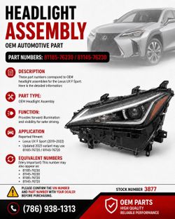 2019-2022 LEXUS UX200 UX250h F SPORT OEM LH FULL LED HEADLIGHT. DRIVER SIDE.