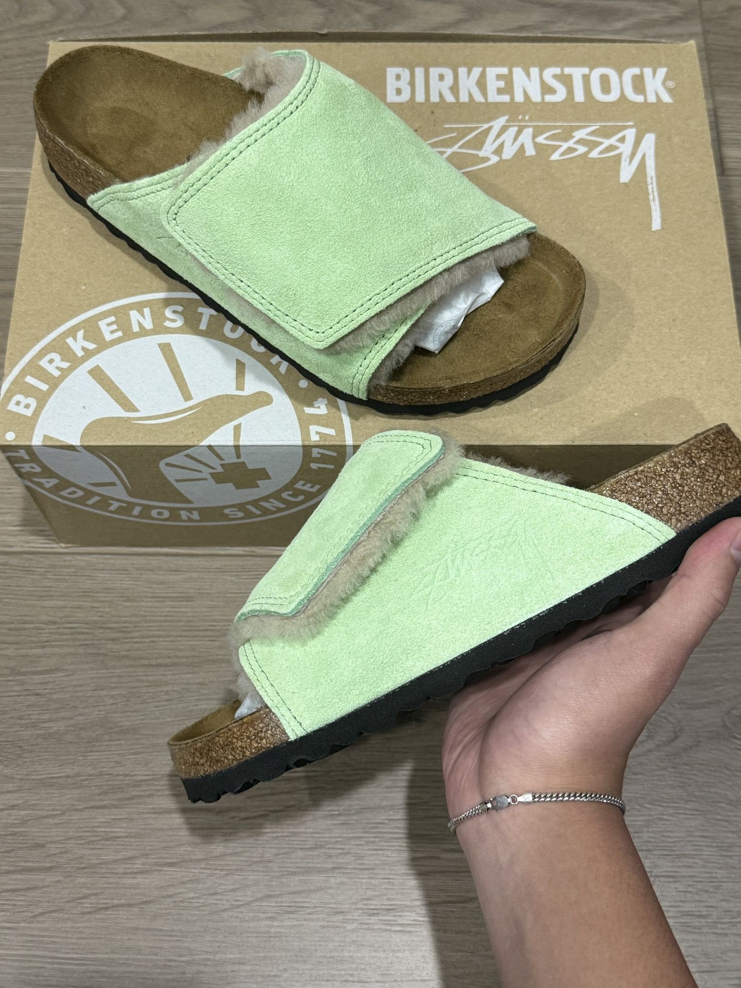 Stussy x Birkenstock Solana Shearling Slide Washed Green