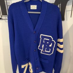 Riverside Brookfield HS Dist. 208 ILL vintage Letterman sweater 1973  blue varsity cardigan. Great for Halloween costume 