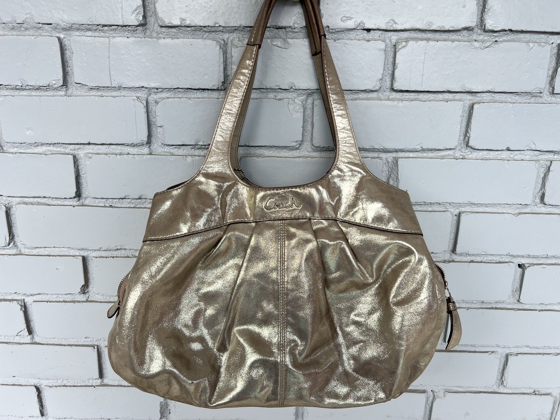 Coach Metallic Leather Shoulder Bag F16312, Shimmering Taupe with Lavender Lining