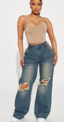Fashion Nova Drew dark wash blue wide leg high rise distressed jeans, size 15
