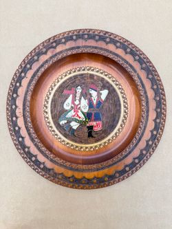 Vintage Polish Folk Art Wooden Plate 12.5” Hand Painted Carved Poland Wall Decor