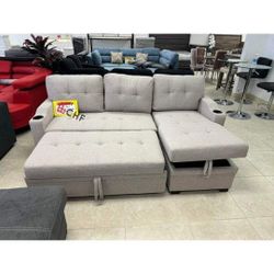 Fabric Sleeper Sectional With Storage Chaise And  Cupholder,