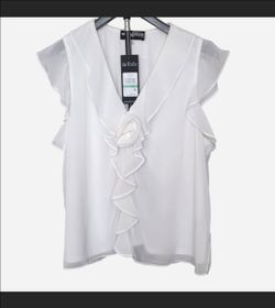 Karl Lagerfeld White Ruffle Blouse with Rosette