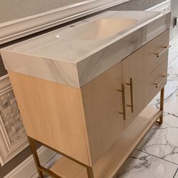 36" Modern Bathroom Vanity With Ceramic Sink & Gold Handls, Freestanding Wood Cabinet With 2 Drawers For Bathroom Storage