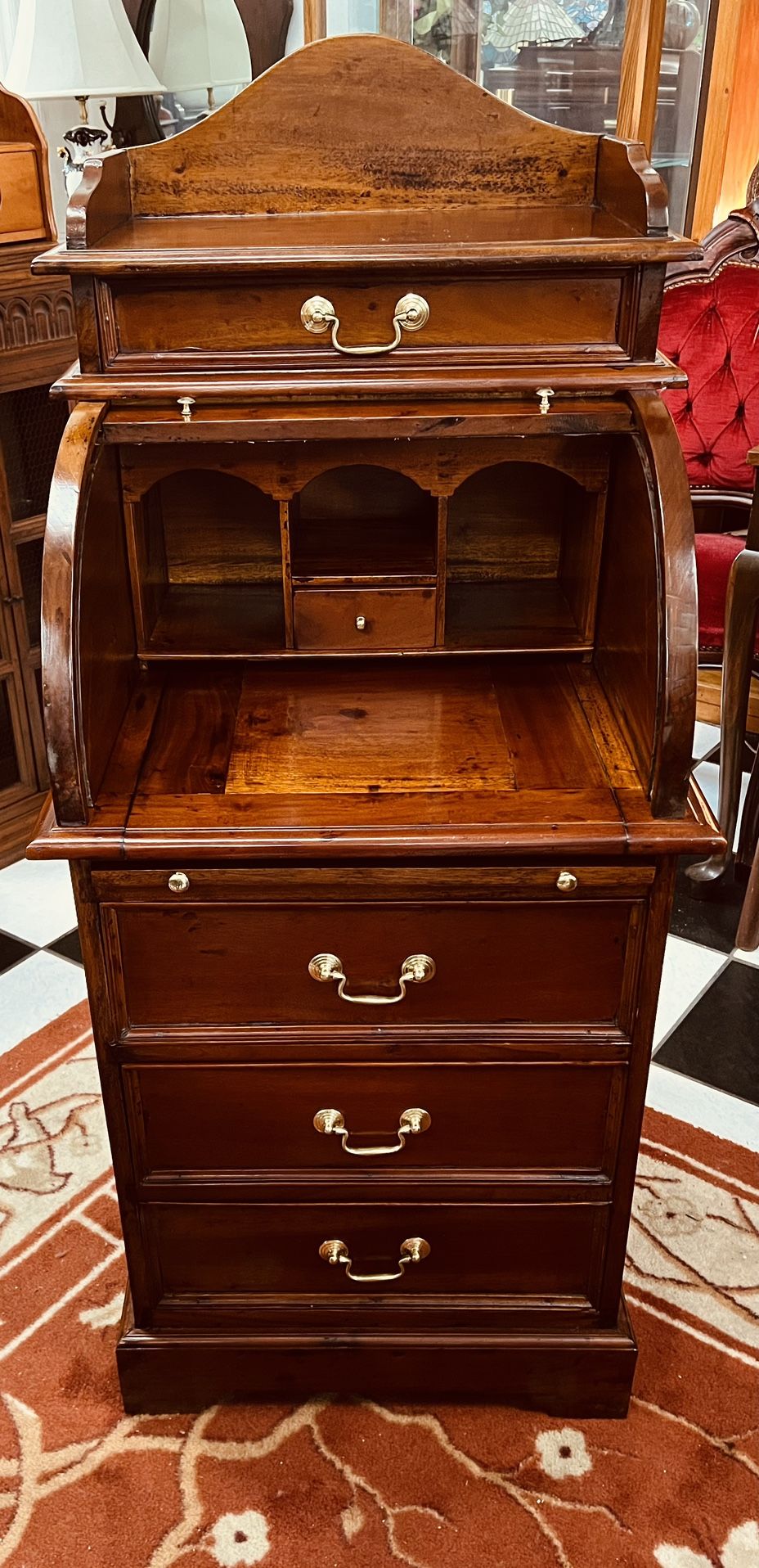Antique Flame Mahogany Wood Roll top Writing Desk.