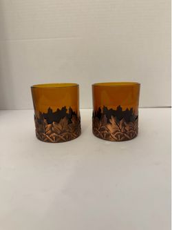 Homco Amber Glass Candle Holders / Vasos de Vela Vintage Con Hojas